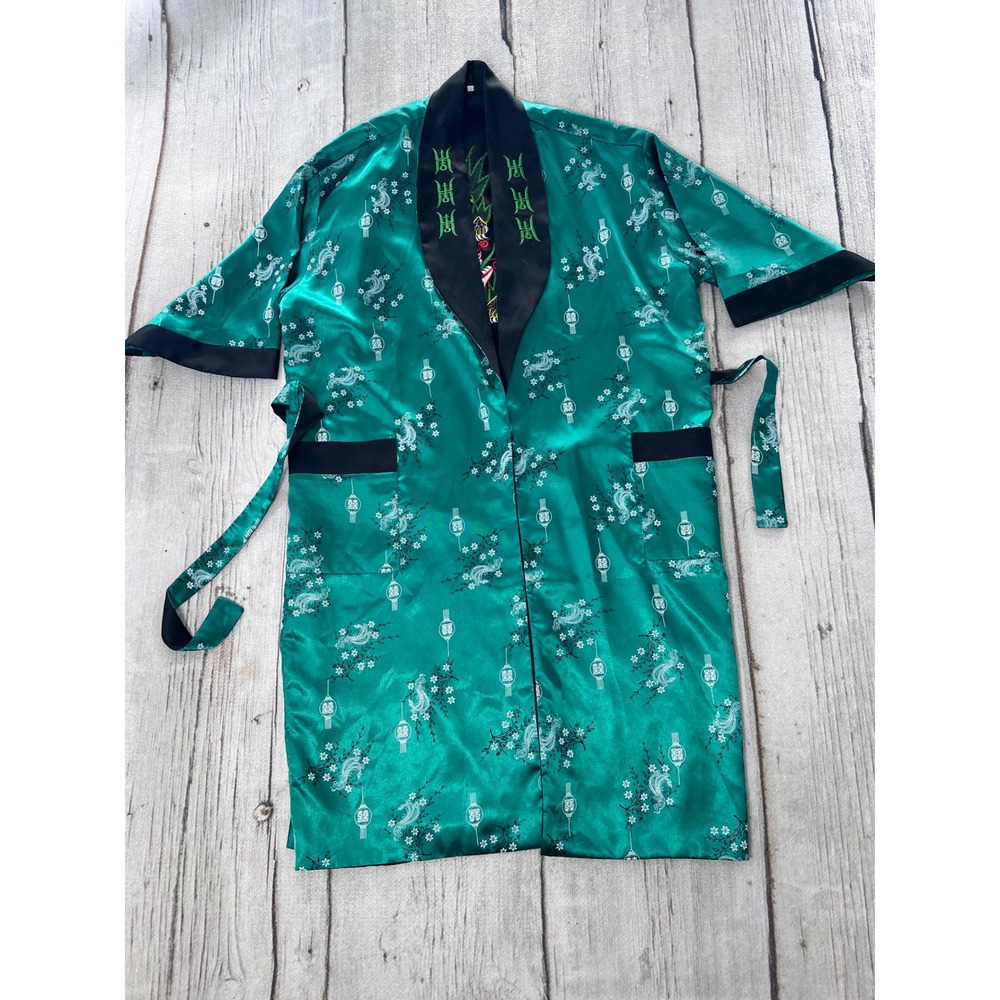 Mens Silky Kimono Robe Dragon Lantern Print Teal Black Short Sleeve‎ Reversable - Picture 2 of 9